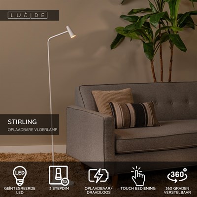Lucide STIRLING - Oplaadbare Vloerlamp - Accu/Batterij - LED 3 StepDim - 1x3W 2700K - Wit